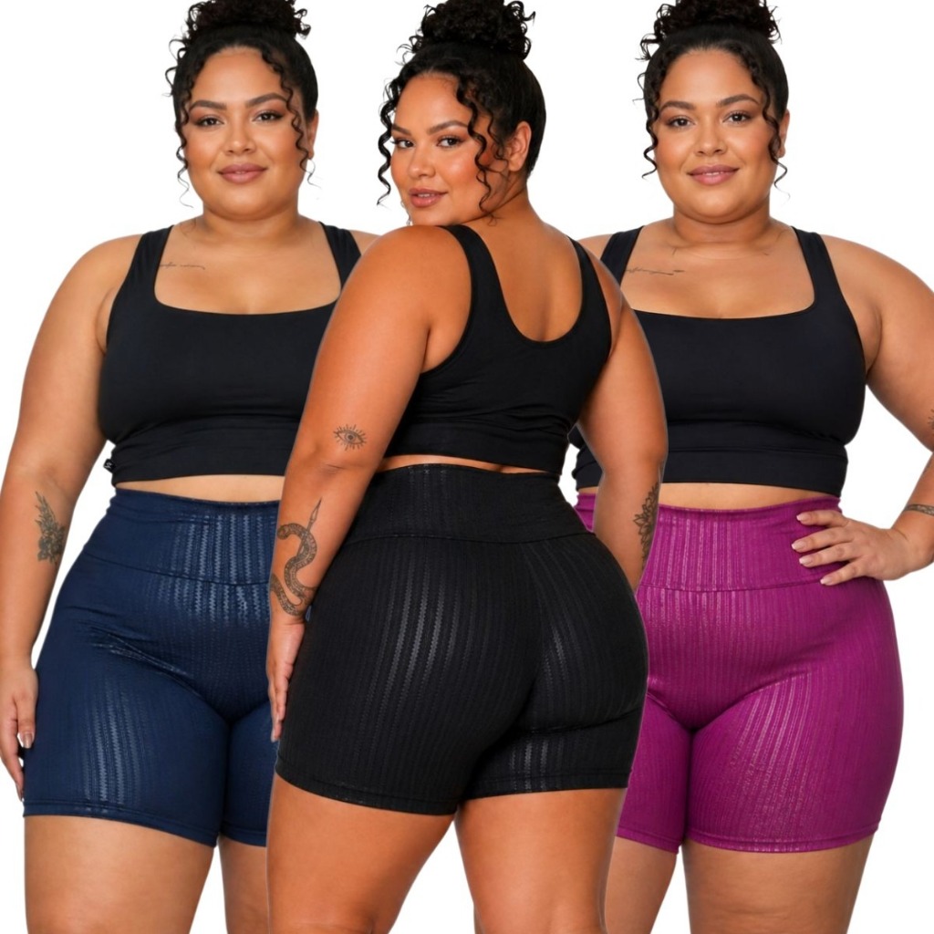 Kit 3 Shorts Legging 3D Plus Size Meia Coxa Academia Shortinho Leg Fitness