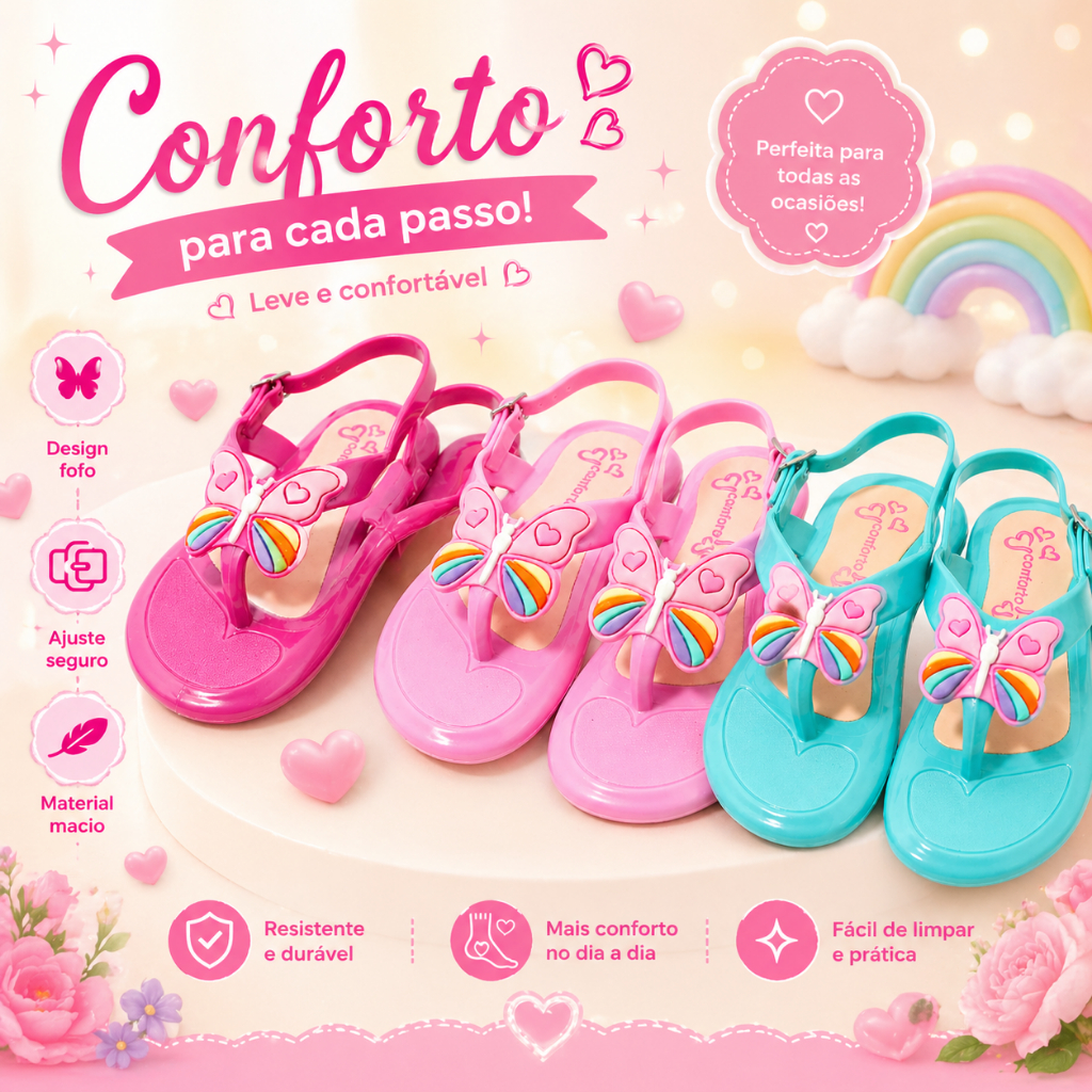 Sandália Feminina Infantil Menina leve Macia Confortável com Fivela Ajustável Fácil de calçar Linda e Elegante Dia a Dia