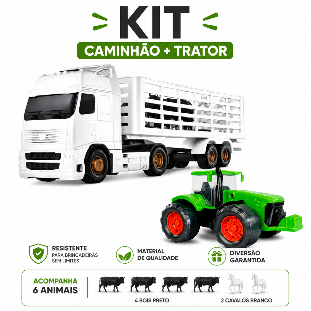Brinquedos Kit 2 Caminhões Trator Brinquedo Boiadeiro Com Bois Cavalos Carrinhos Roça Veiculos Combo 2 Em 1 Promoção