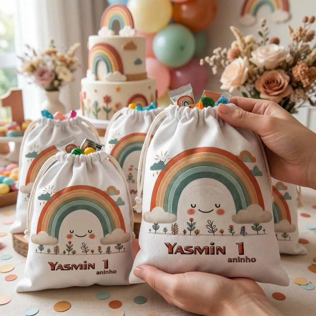 10 sacolinhas personalizada tecido ARCO IRIS BOHO lembrancinhas festa de aniversario 30cmx20cm