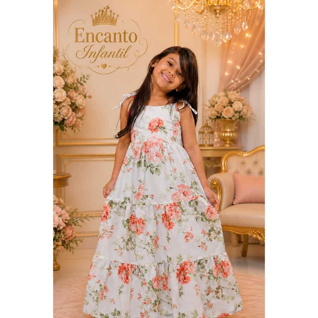 Vestido longo estampado infantil e juvenil para lindas meninas estilosas