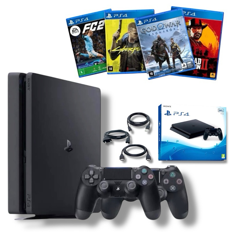 PlayStation 4 Slim Com 2 Controles + 4 Jogos CD Aleatório + Garantia + Caixa Original