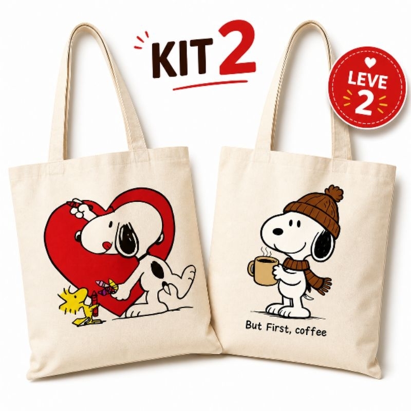kit 2 Ecobags Snoopy Estilosa Bolsa Grande Feminina Reutilizável Lavável Sacola Ecológica Presente