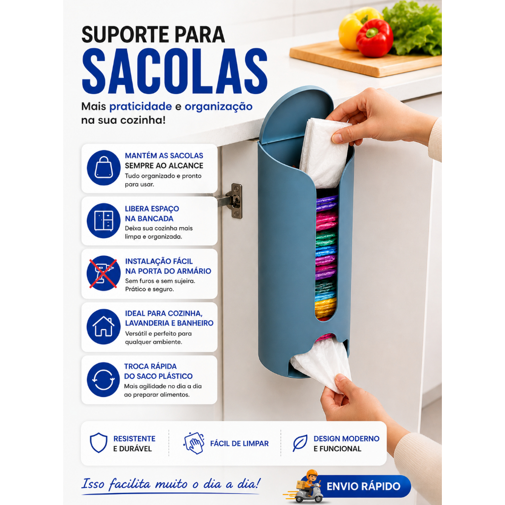 Suporte para Sacola- Libera Espaço na Bancada- Instalação Sem Furos- Chega de bagunça-Reaproveite as Sacolas do Mercado.