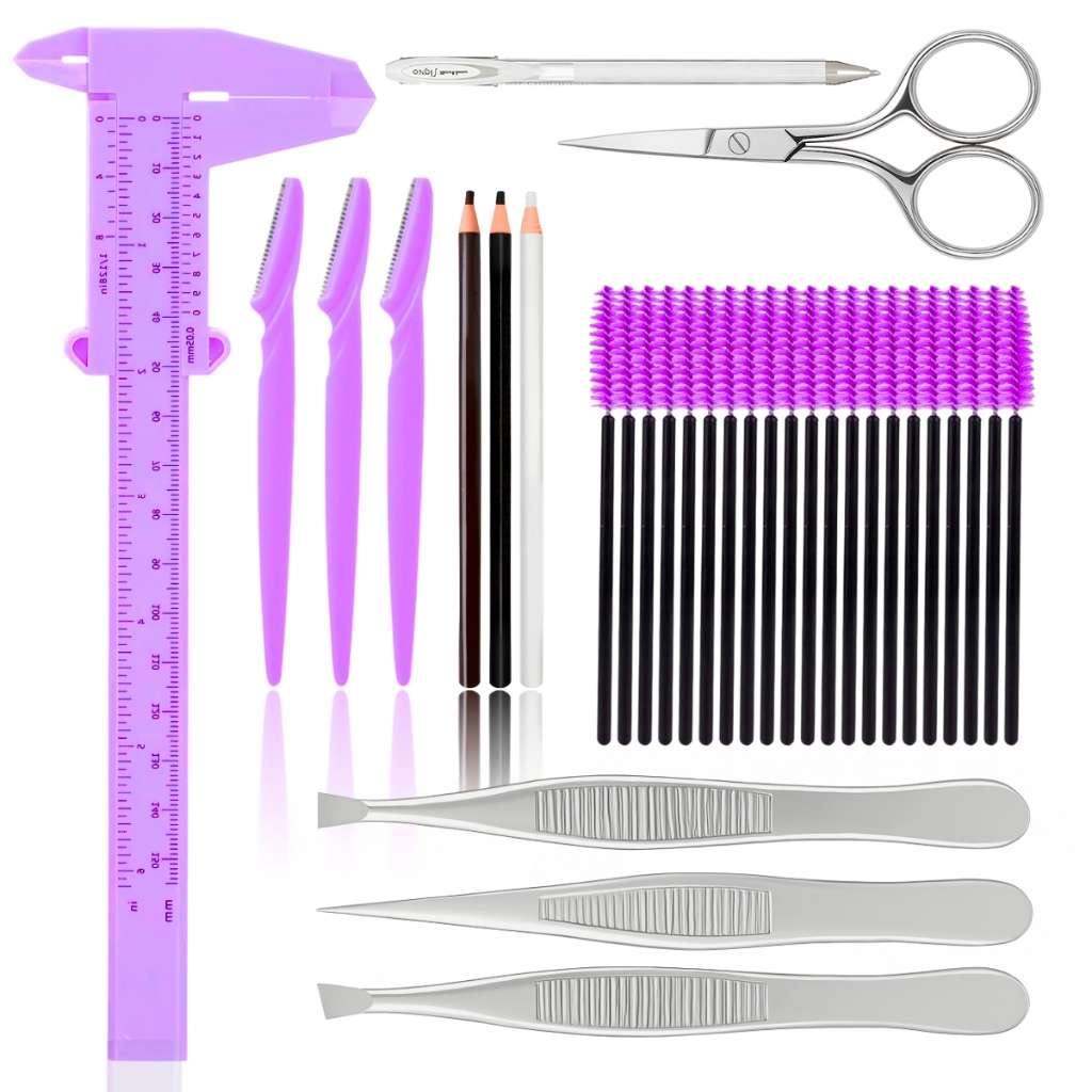 Kit Designer de Sobrancelha Acessórios Paquímetro Tesourinha Navalha Pinça Escovinha Caneta Branca