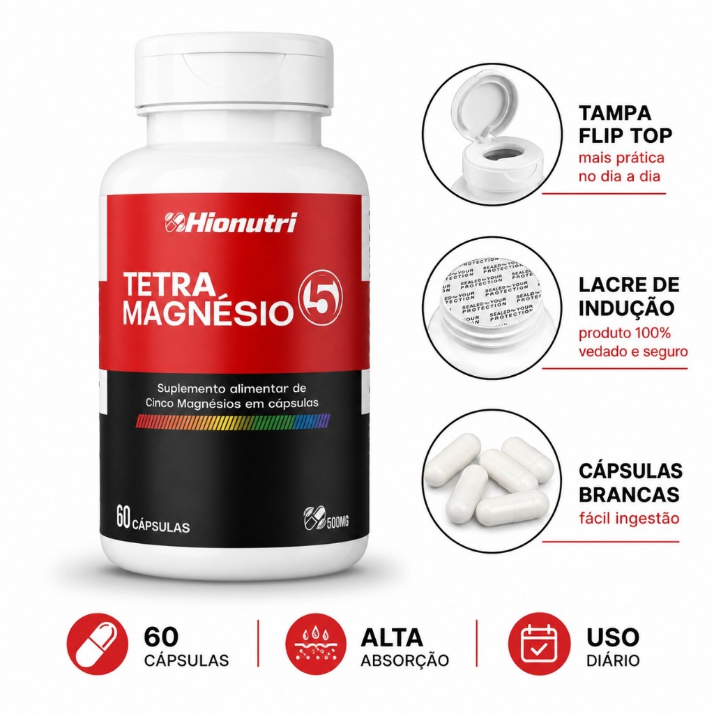 Tetra De Magnésio 5x Mais absoção 60 Cáps Hionutri  4 tipos de magnésio (Treonato, Bisglicinato, Quelato e Malato)
