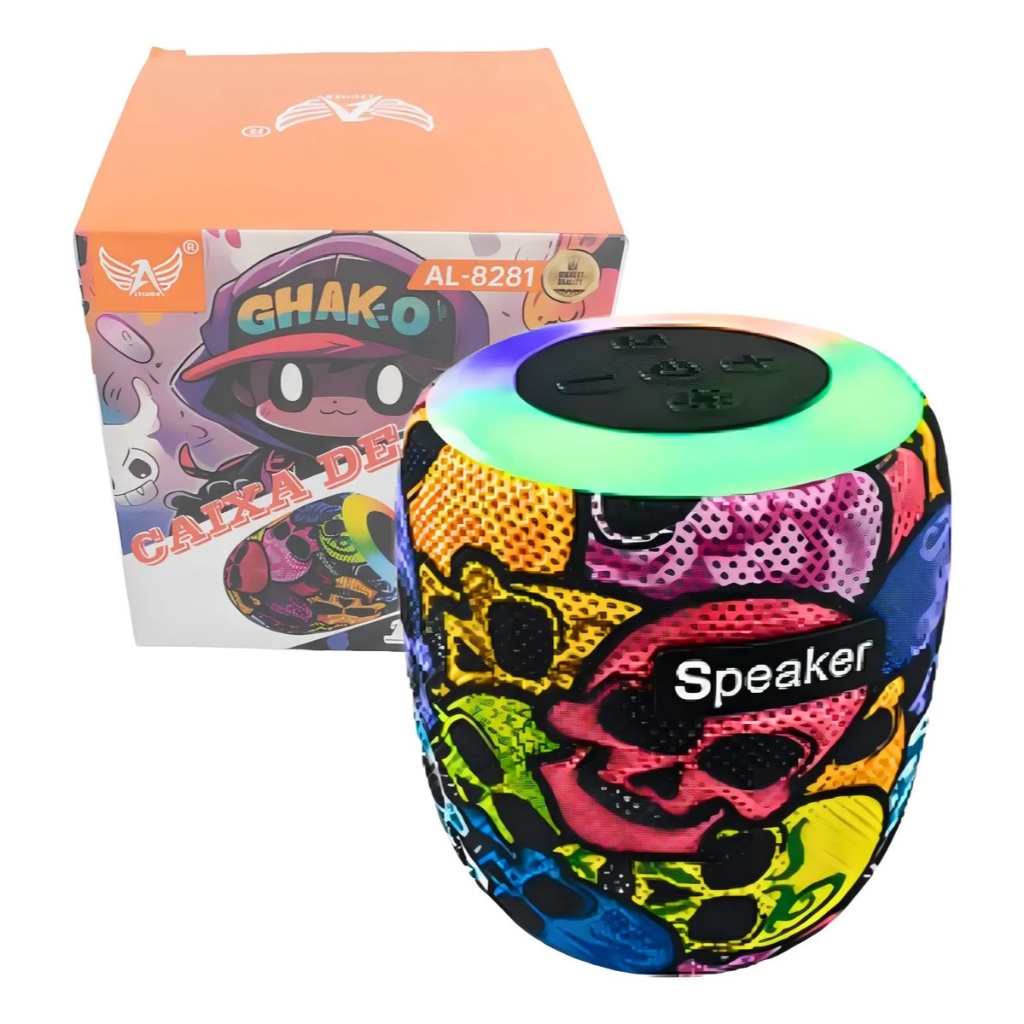 Caixa De Som Altomex TWS mini Speaker modelo crânio AL-8281 Bluetooth RGB Portátil 10W usb/aux
