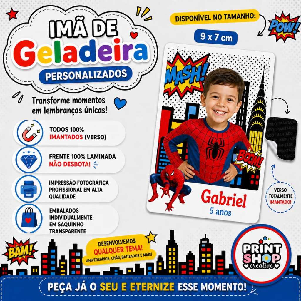 Ímã de Geladeira Personalizado com Foto 9x7cm | Lembrancinha de Aniversário Infantil, Festa e Eventos