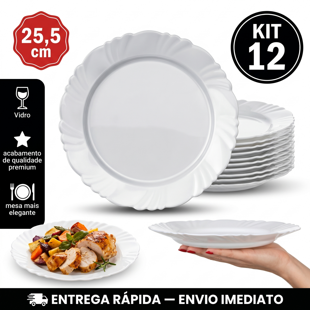 Kit Jogo de 12 Prato Raso Nadir Duralex Vidro Pétala Branco Opaline 25,5 cm a Pronta Entrega