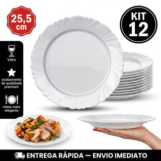 Kit Jogo de 12 Prato Raso Nadir Duralex Vidro Pétala Branco Opaline 25,5 cm a Pronta Entrega