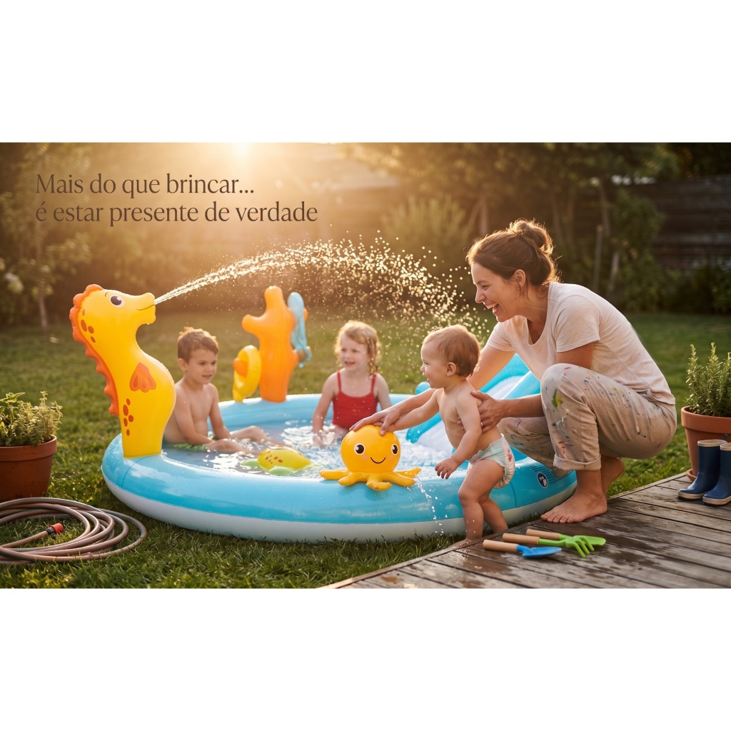 Piscina Inflável Infantil com Escorregador e Spray de Água Parque Aquático Completo com Brinquedos 