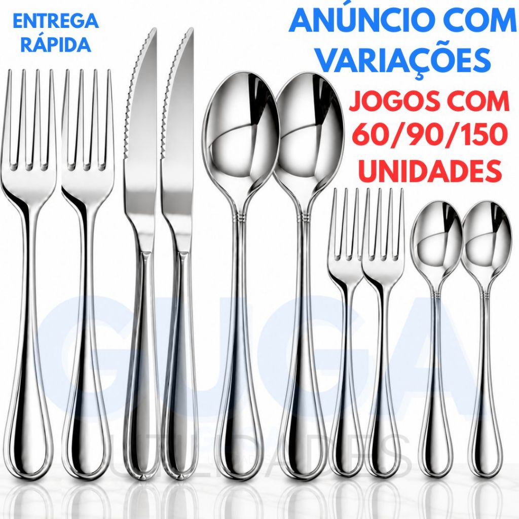 Jogo De Talheres 60/90/150 Peças Colher De Mesa Garfo Faqueiro Colher de Sobremesa e Garfo de Sobremesa Aço Inox Premium