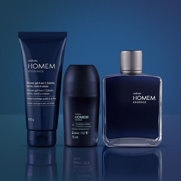 Combo Natura Essence Masculino 100ml + Shower Gel 4 em 1 100g + Desodorante Roll-on 75ml – Kit Completo Frescor e Sofist
