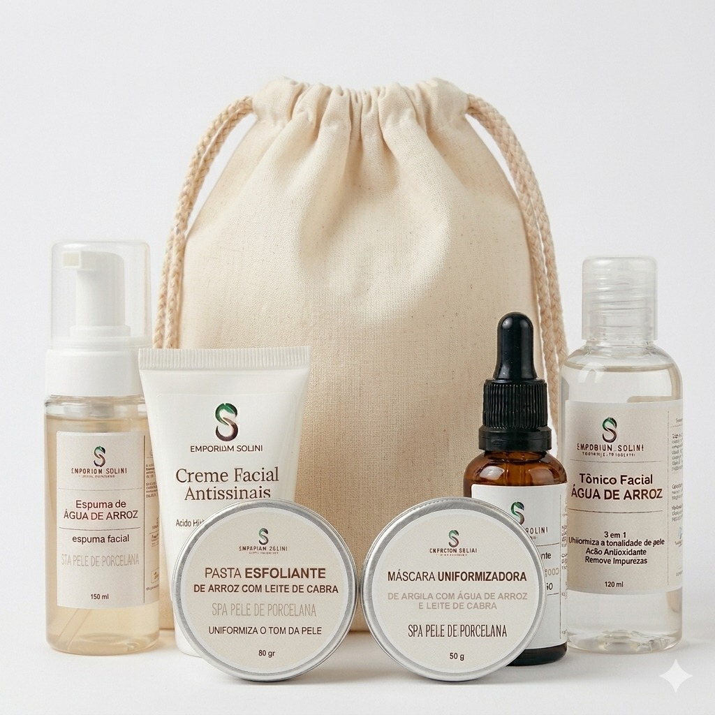 Kit Skincare Completo Água de Arroz e Vitamina C - Kit 6 Itens para Pele de Porcelana