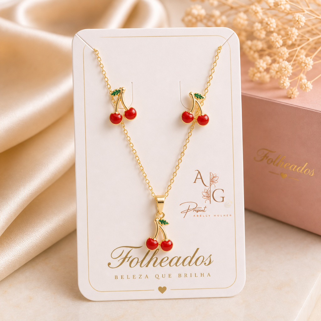 Conjunto Colar e Brinco De Cereja Colar e Brinco De Frutas Folheados a Prata 925 e Ouro 18k