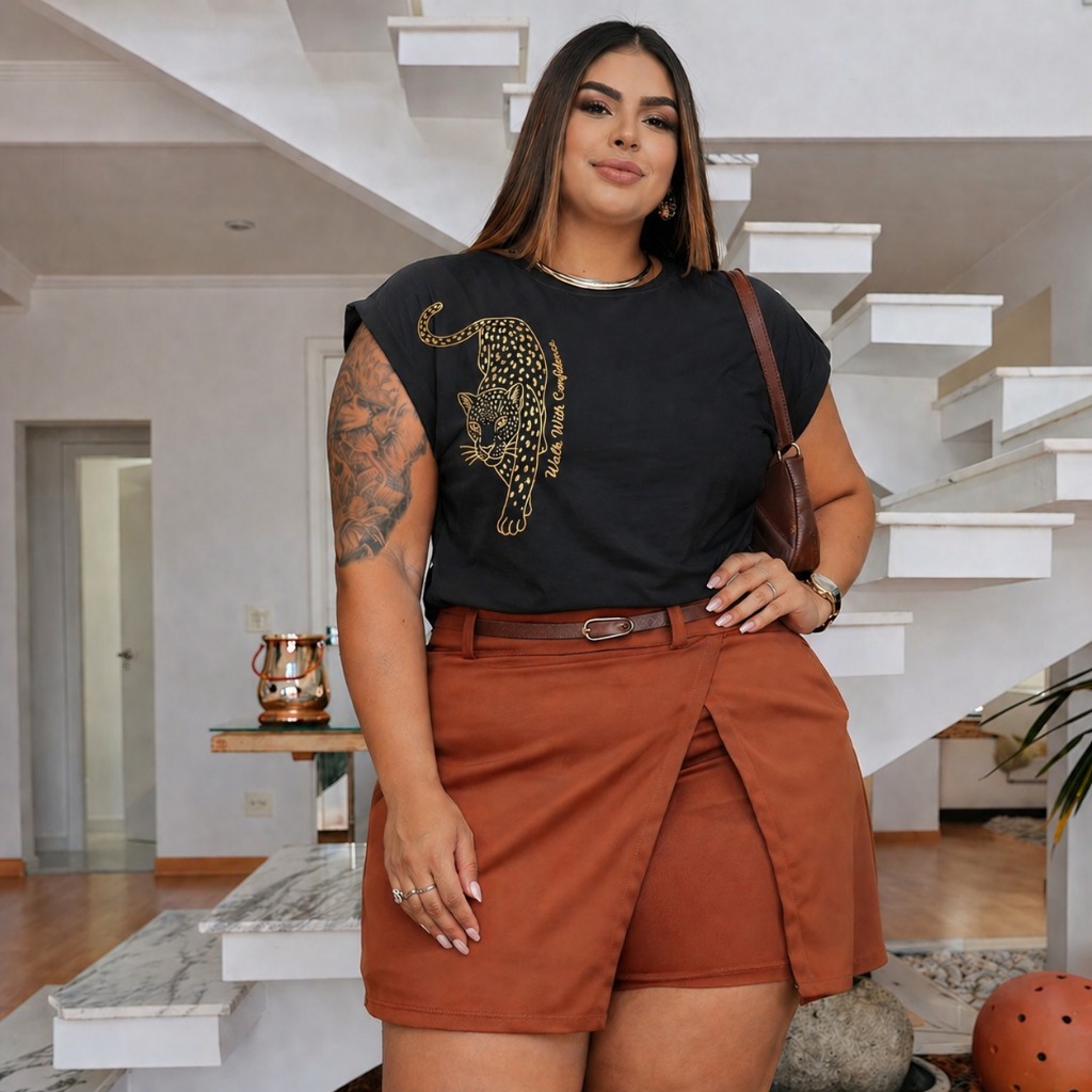 Camisa Plus Size Elegante Tamanho Grande Roupa Feminina Confortável Blusão Premium Blogueira T-Shirt