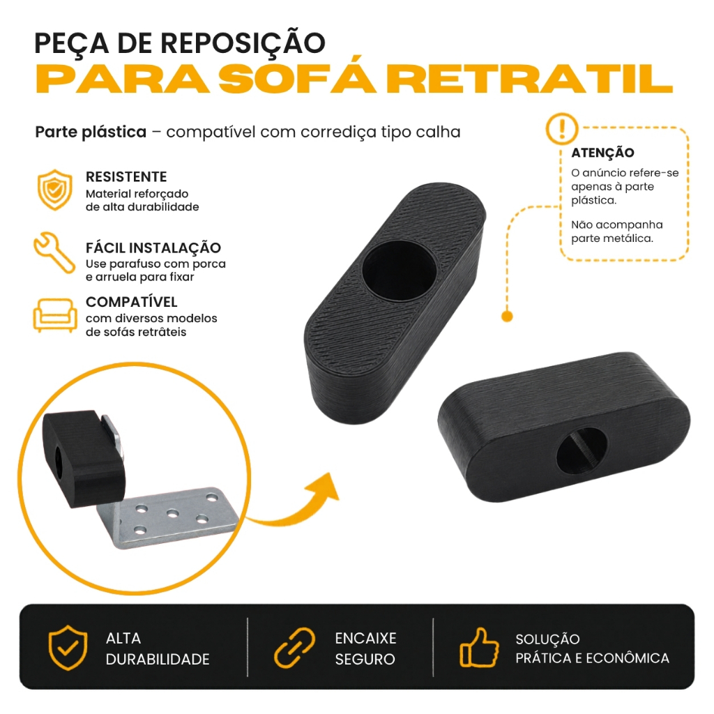 Kit 2 Peças Plásticas Reparo Corrediça de Calha Sofá Retrátil Estofado Trilho Substituição Impressão 3D 44x14x18mm