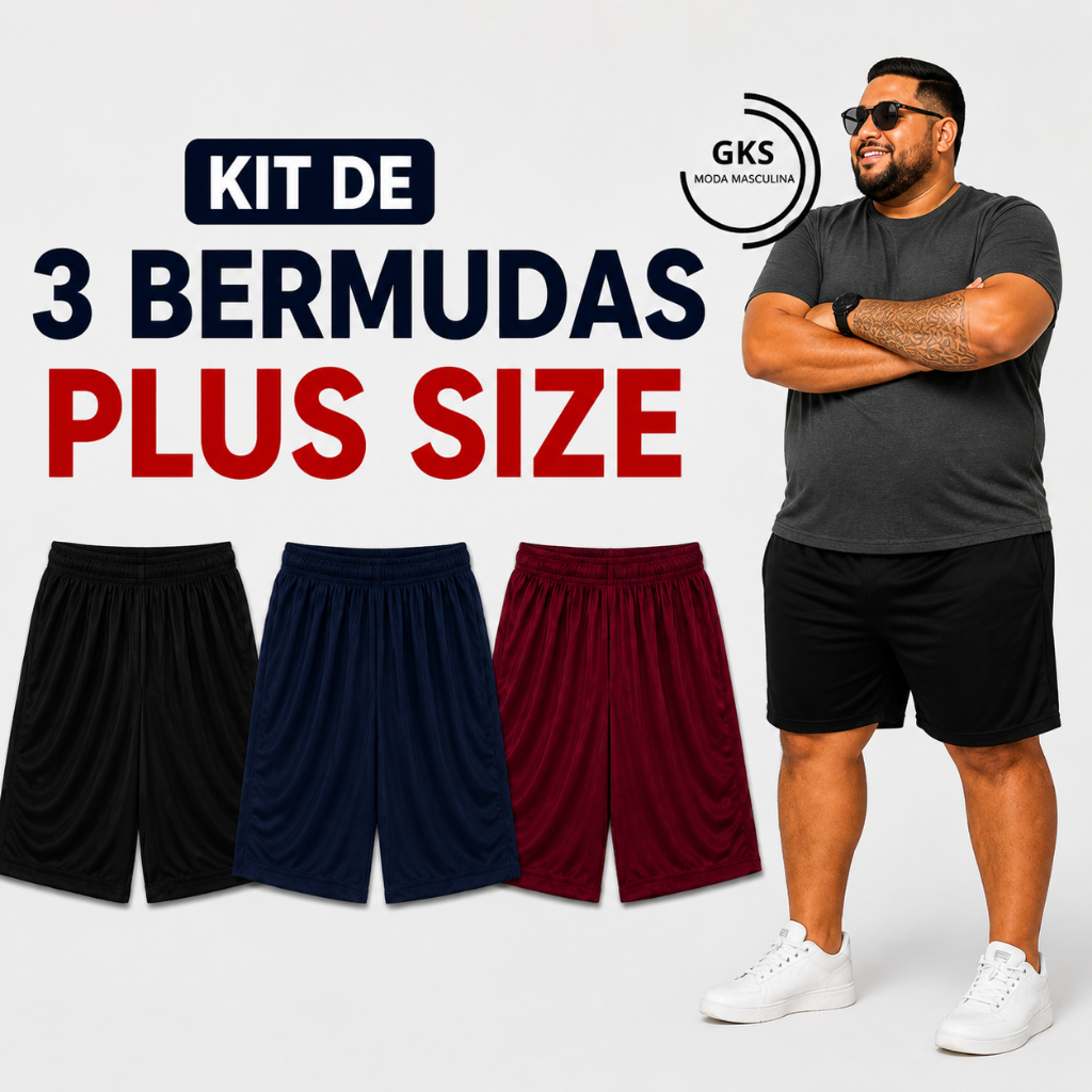 KIT 3 BERMUDAS PLUS SIZE - G1 G2 G3 e G4 LISAS MASCULINAS