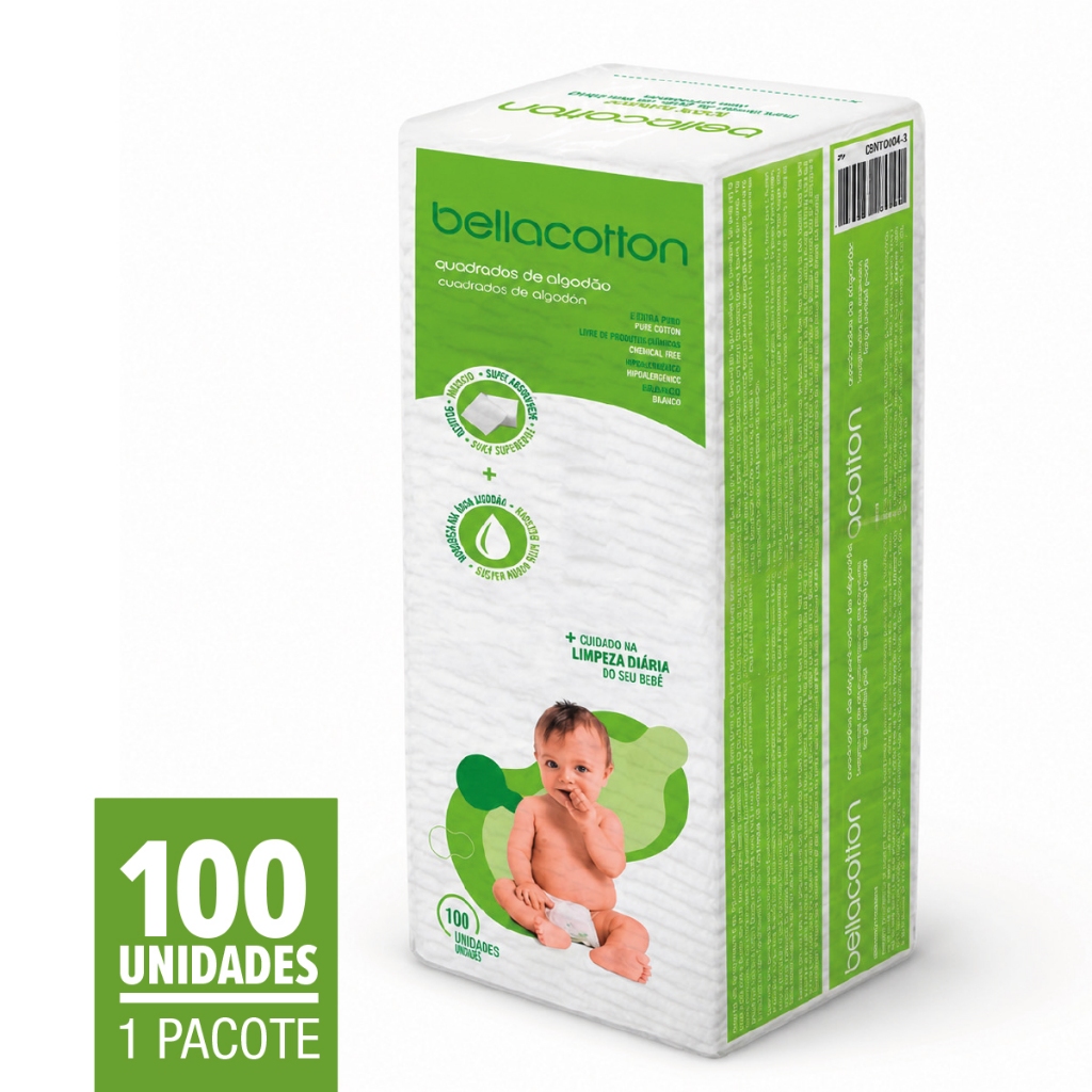 Algodão Bebê Quadrado Bellacotton 100un Hipoalergênico Limpeza Recém Nascido