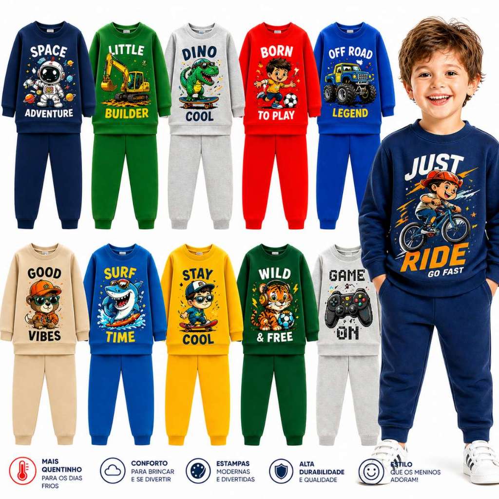 Kit 2 ou 6  Peças de Moletom INVERNO Bebê Infantil Menino Conjunto Inverno Infantil Menino Quente Blusa Manga Longa