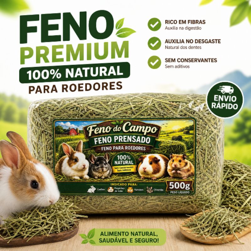 Feno Natural Premium 500g P/ Coelho Hamster Porquinho-da-Índia Chinchila Roedores