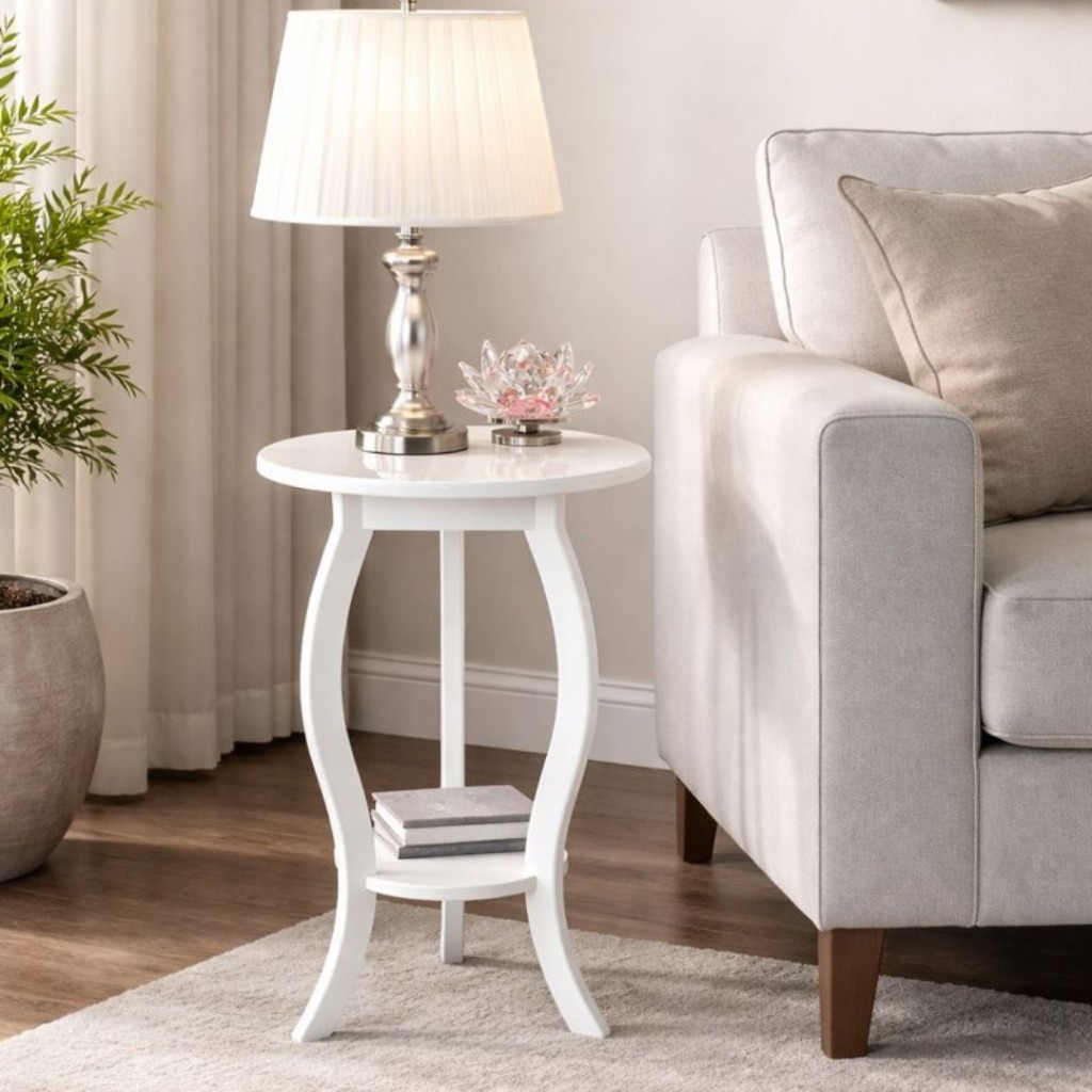 Mesa Cor BRANCO OU CRU Mesinha Floreira de Canto Altura 53cm Redonda Mdf Sala Quarto Escritório Festas Decorações