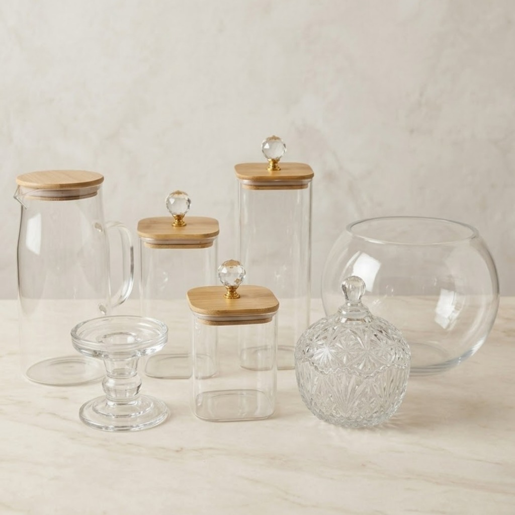 Kit Mesa Posta Completo Transparente Bambu Jarra Vidro Potes Herméticos Vaso Presente Mãe