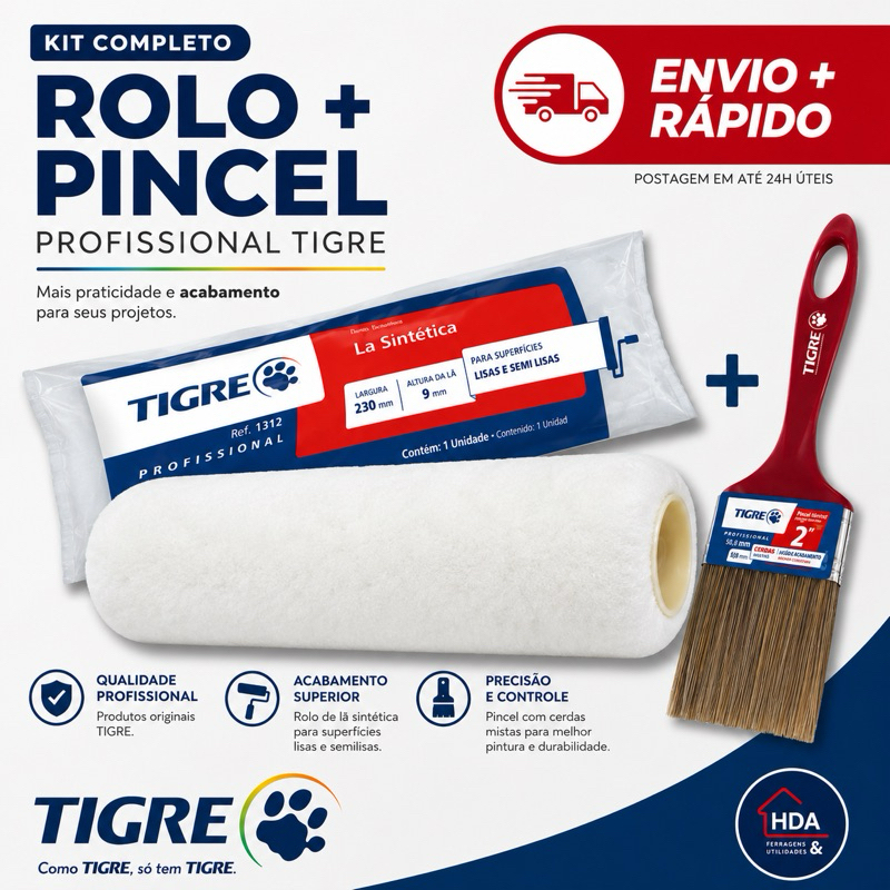Kit Para Pintura Rolo De Lã Sintética 23cm e Pincel Trincha N-2  Para paredes e Tetos - Tigre
