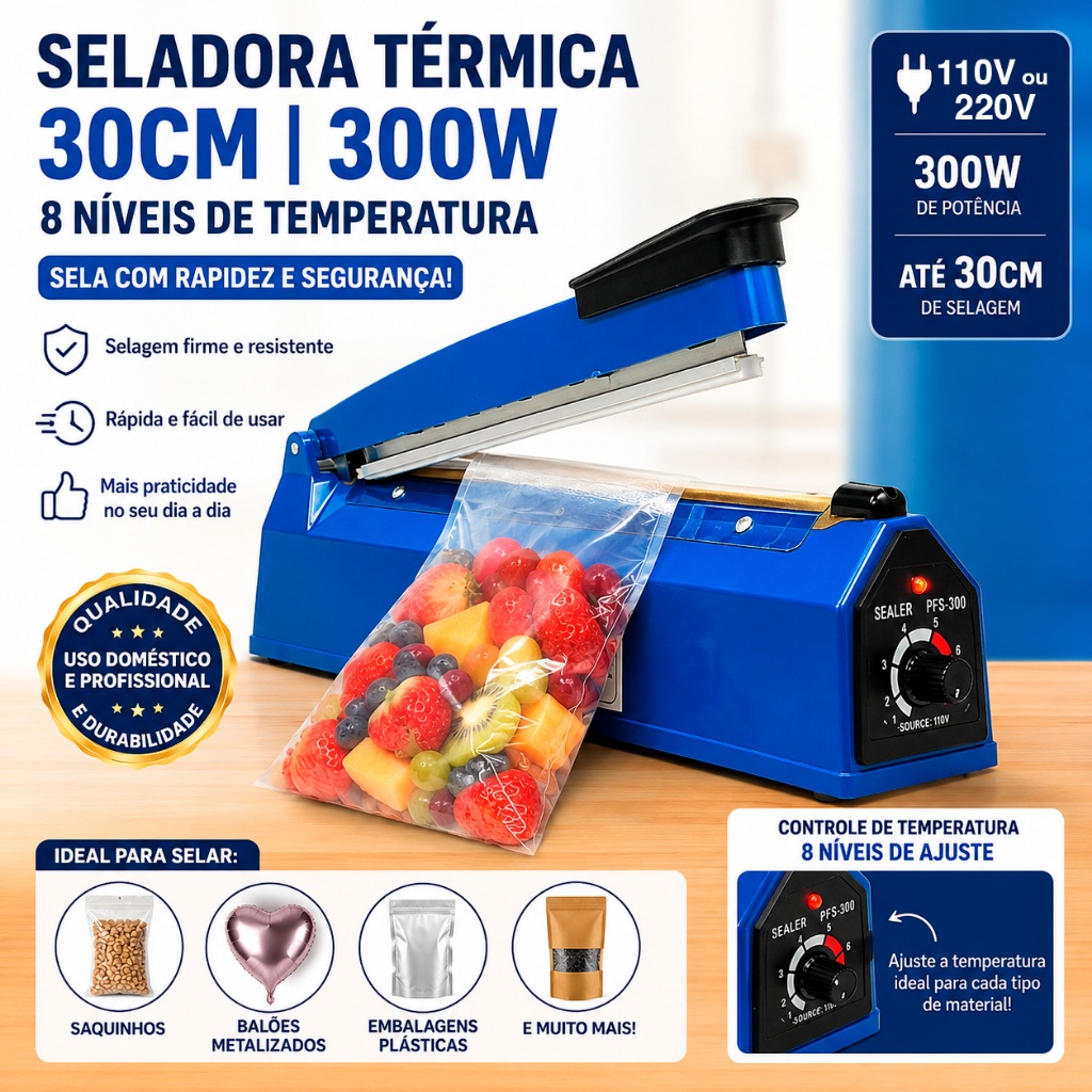 Seladora Manual de Plástico Embalagem Embalar Selar Saquinhos 30cm PFS 300 - Lanmax