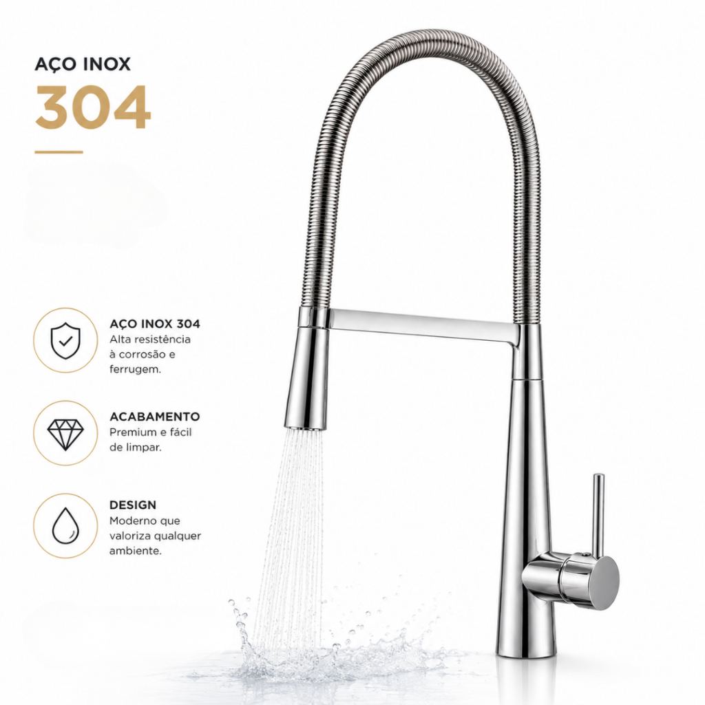 Torneira Gourmet Aço Inox 304 Luxo Monocomando Quente/Fria Cozinha