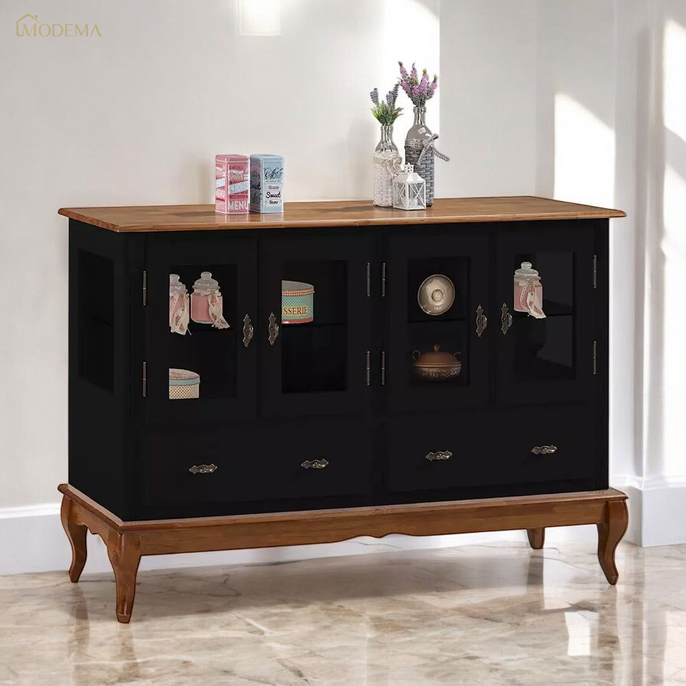 Buffet Aparador 4 Portas 2 Gavetas Prateleiras em Vidro 60510 - Preto/Imbuia Glazer