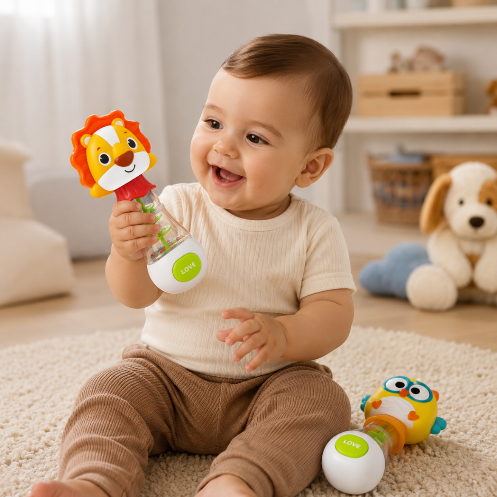 Chocalho Mordedor Bebê Infantil Sensorial Com Bolinhas Coloridas Som Divertido Leão E Coruja Brinquedo Educativo Para Co