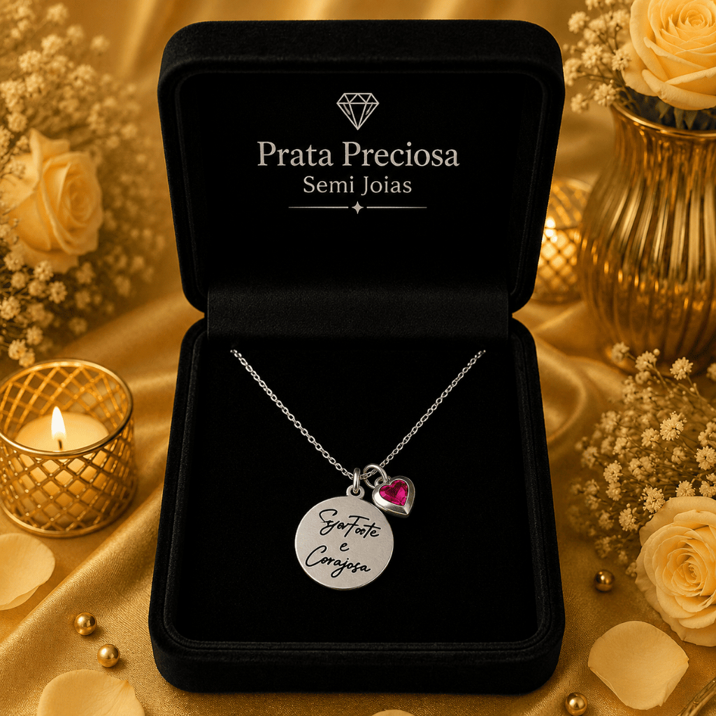 Colar Medalha "Seja Forte e Corajosa" Fé e Coração