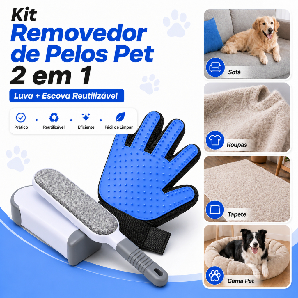 Kit Removedor de Pelos de Cachorro e Gato Reutilizável com Luva e Escova para Sofá, Roupas, Tapetes e Cama Pet