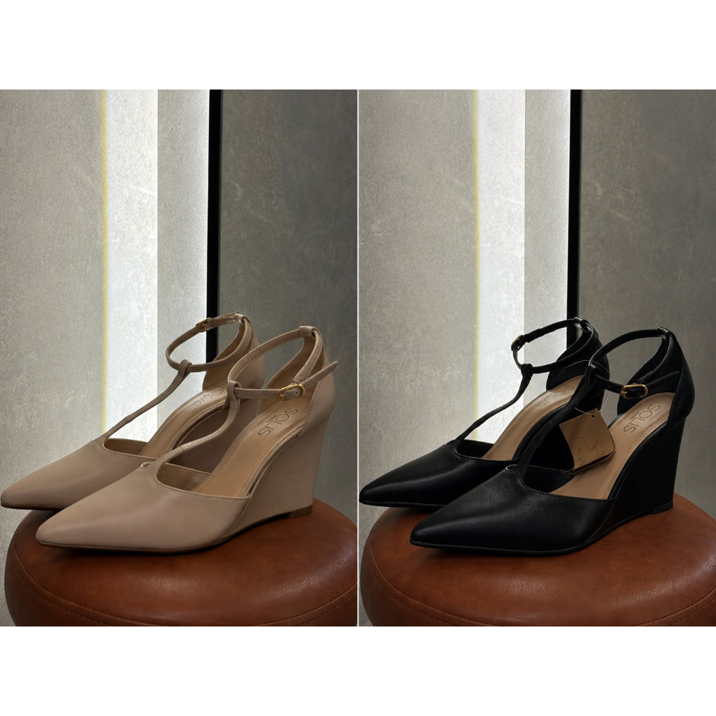 SAPATO FEMININO TRASEIRO FECHADO SOLIS COURO NUDE OU PRETO SALTO ALTO ANABELA 9CM BICO FINO FIVELA