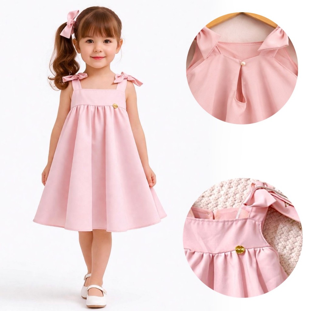 Vestido Infantil Festa Menina Rosa Bebê Aniversário Liso Rodado Godê Laço Alça Elegante 2 4 6 8 Anos