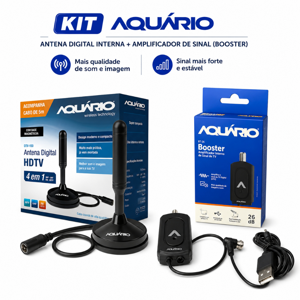 KIT ANTENA DIGITAL AQUARIO DTV-150 + AMPLIFICADOR DE SINAL BOOSTER BT-26 + CABO 5M VHF/UHF/FM/HDTV