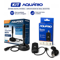 KIT ANTENA DIGITAL AQUARIO DTV-150 + AMPLIFICADOR DE SINAL BOOSTER BT-26 + CABO 5M VHF/UHF/FM/HDTV