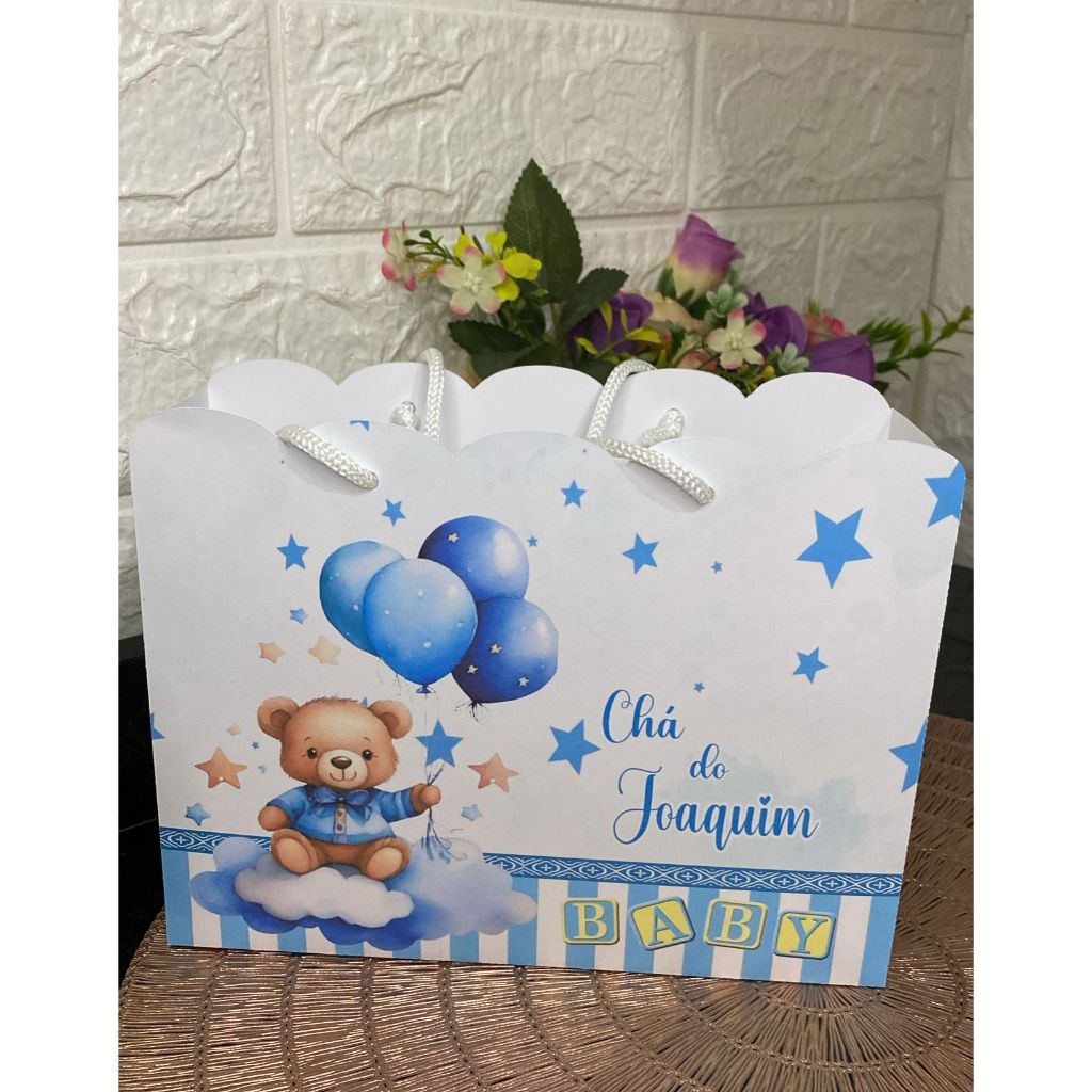 Sacolinha Personalizada URSINHO AZUL/URSINHO COM BALÃO/CHÁ DE BEBÊ/MENINO/LEMBRANCINHA PERSONALIZADA