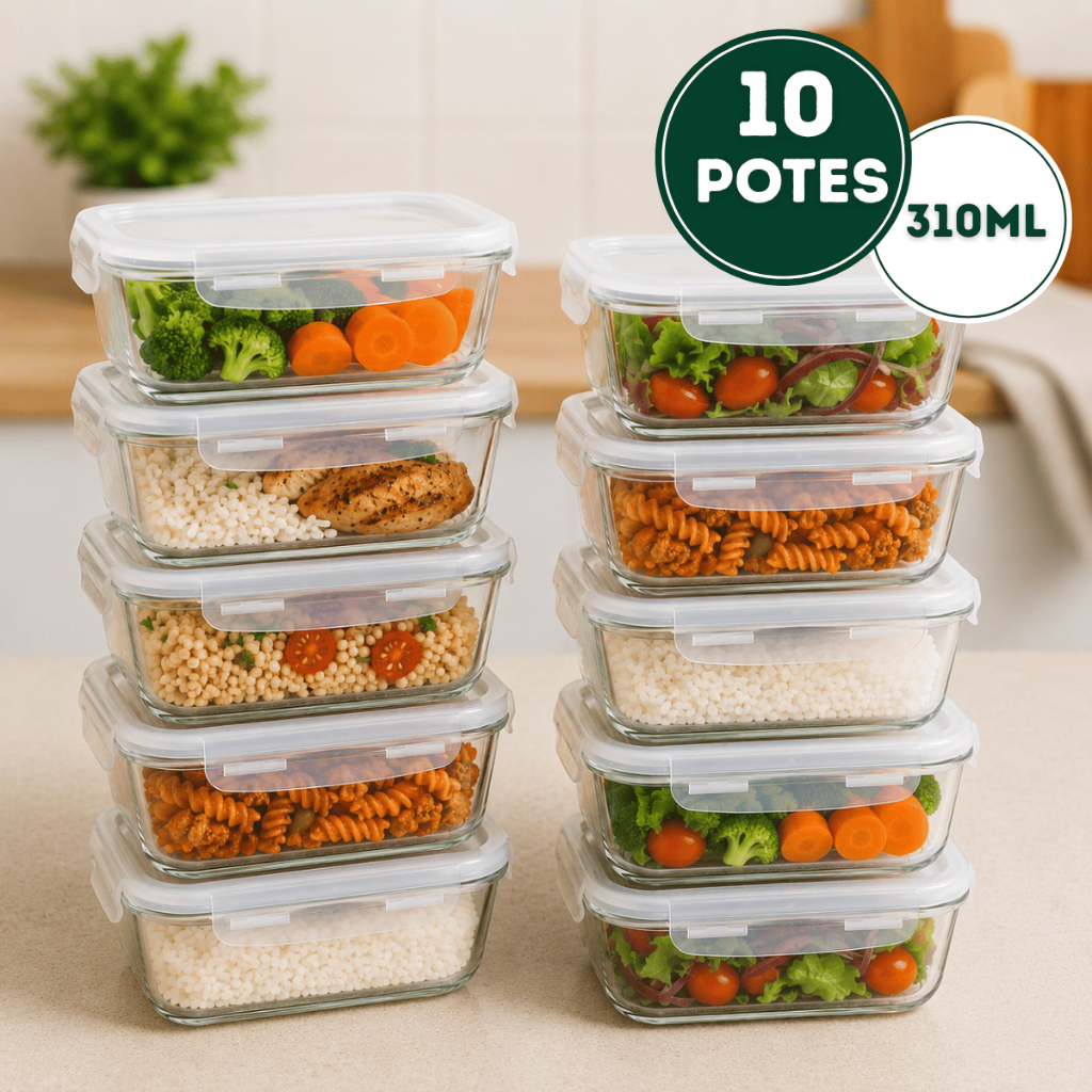Kit 10 Pote Hermetico Vidro Conjunto Marmita Mantimentos Fitness Microondas Freezer Forno Airfryer