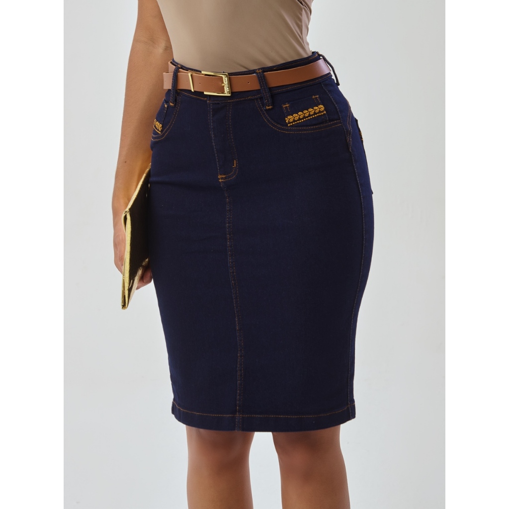 Saia Jeans Rayssa Com Cinto e Bordado Exclusivo 7Pallas