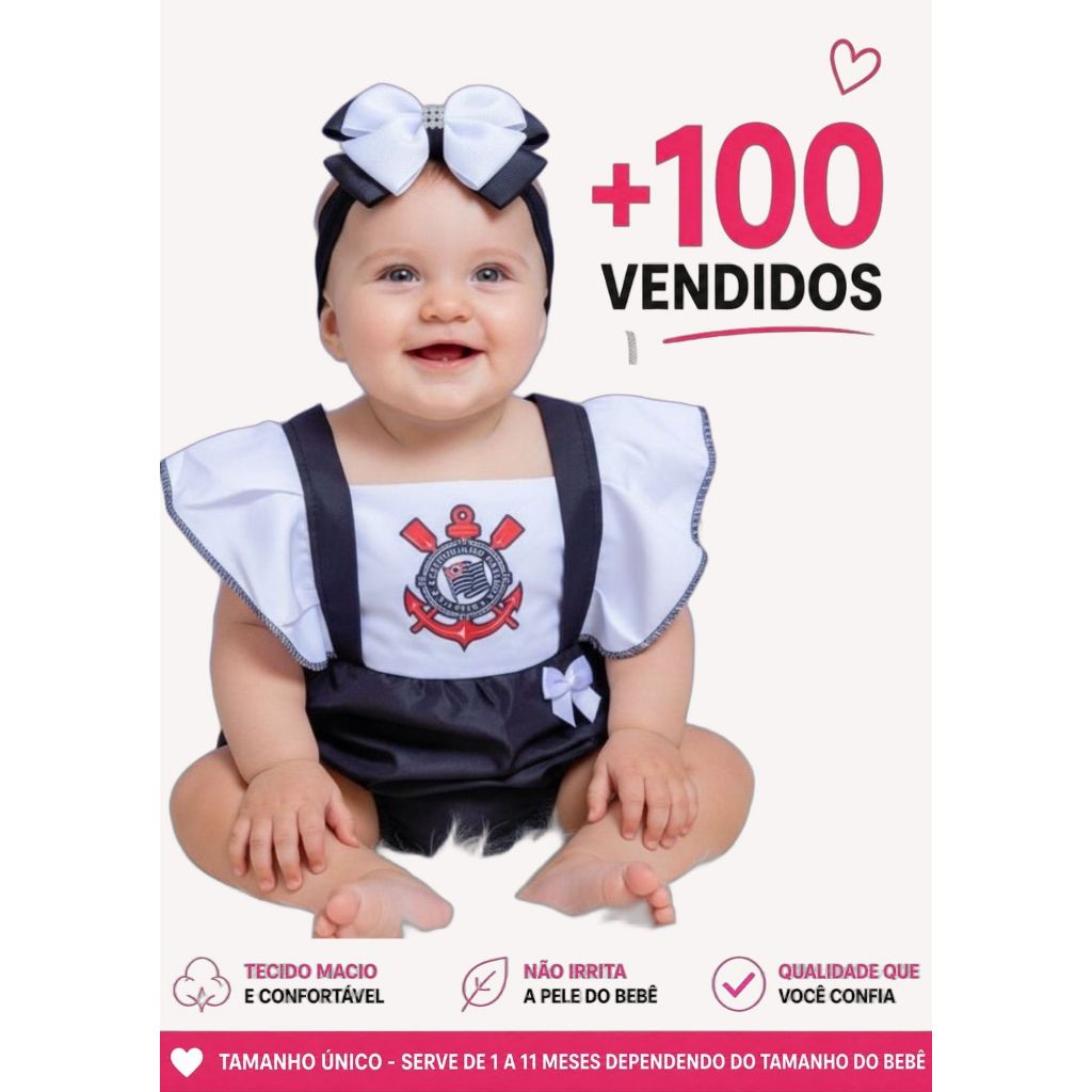 Romper Bebê Corinthians Menina 1 a 11 Meses Roupa Mêsversário + Laço