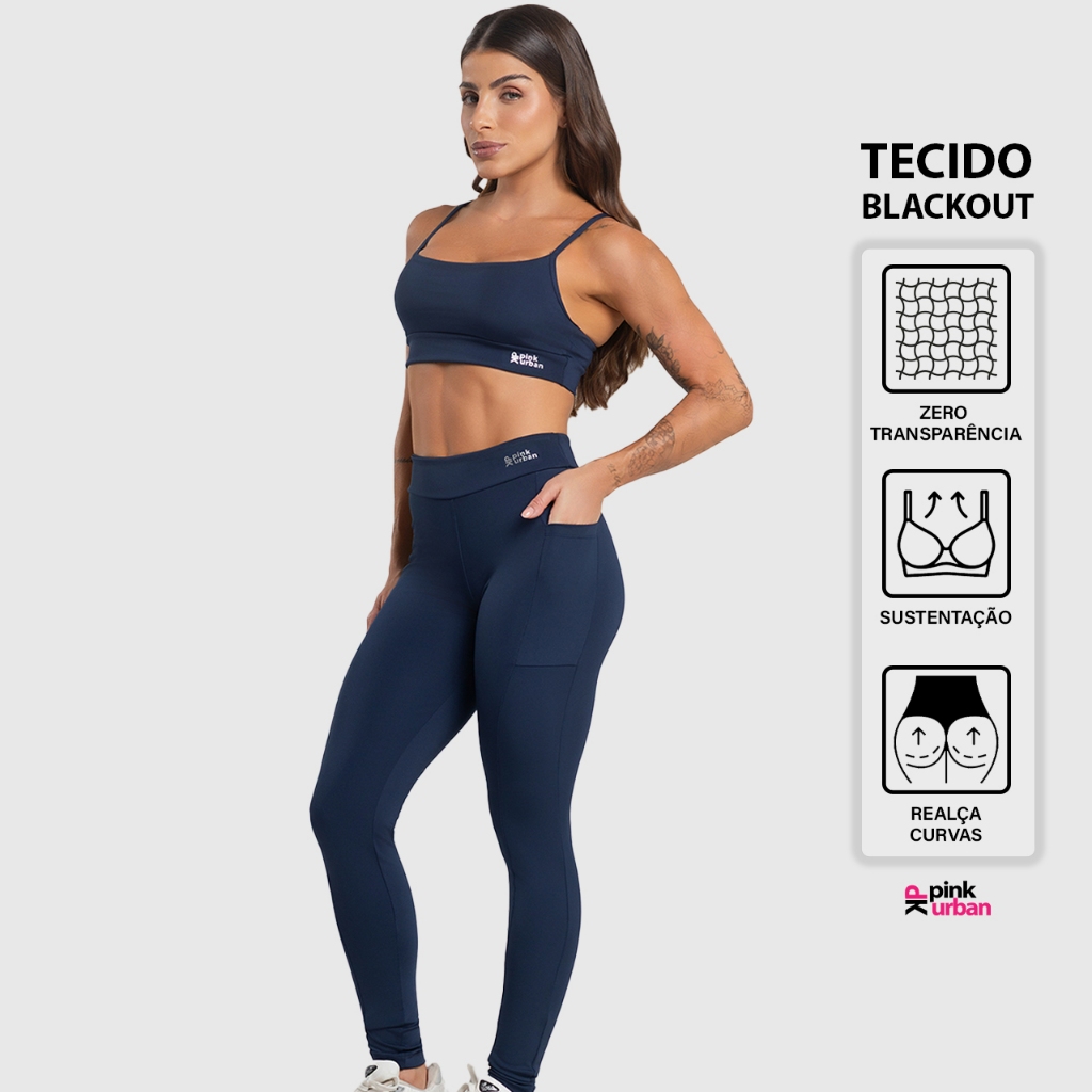 Imagem Conjunto Fitness Feminino Top Calça Legging Bolso Cintura Alta Balance Blackout Zero Transparência
