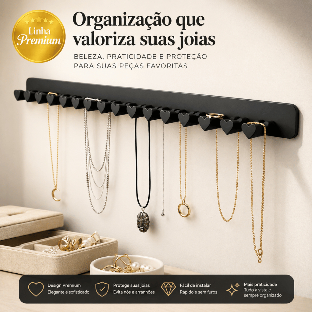 Organizador de Joias para Pendurar Coração de Parede Expositor de Anéis Suporte para Colares e Pulseiras Dupla face