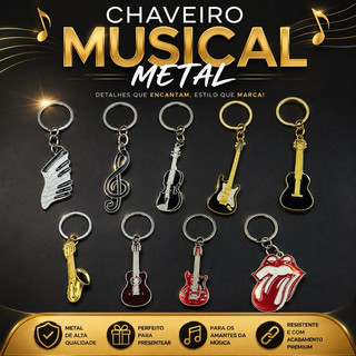 CHAVEIRO MUSICAL METAL PRATA E DOURADO GUITARRA BAIXO CAVACO VIOLAO SAX VIOLINO BANDA