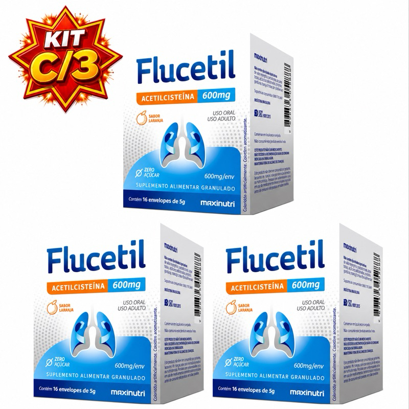 KIT C/3 e KIT C/2 FLUCETIL (Acetilcisteína) 600MG c/16 envelopes MAXINUTRI -  Sabor Laranja e Zero açúcar