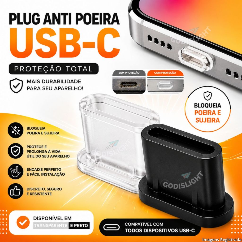 Plug Anti Poeira USB TipoC Silicone Premium Previne Mau Carregamento Protege Celular Tablet Notebook