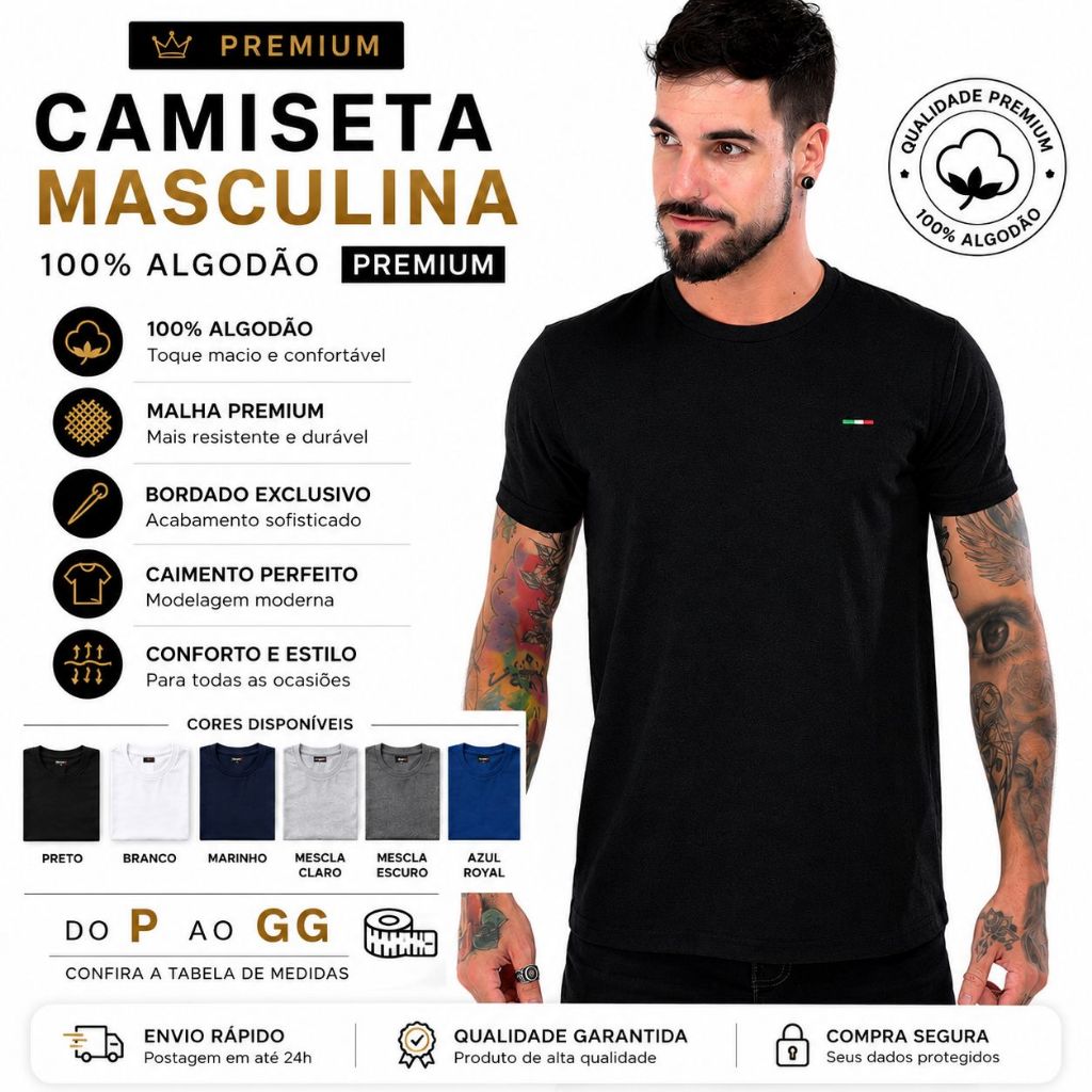 Camiseta Masculina 100% Algodão Premium Básica Bordado no Peito Casual Confortável