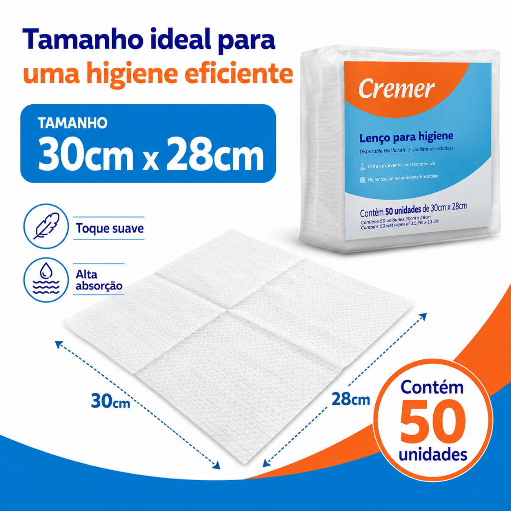 Lenço Para Higiene e Banho Multiuso Bebê Recém Nascido e Crianças 30x28cm Pacote C/50 Unidades