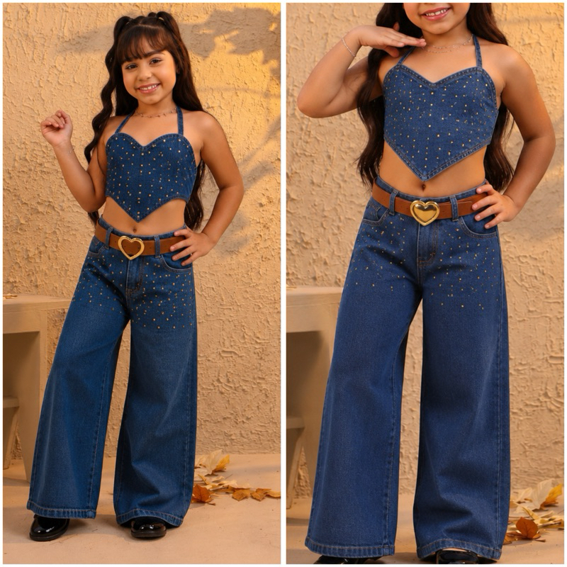 Conjunto Jeans Infantil Boiadeira pedraria calça+cropeed